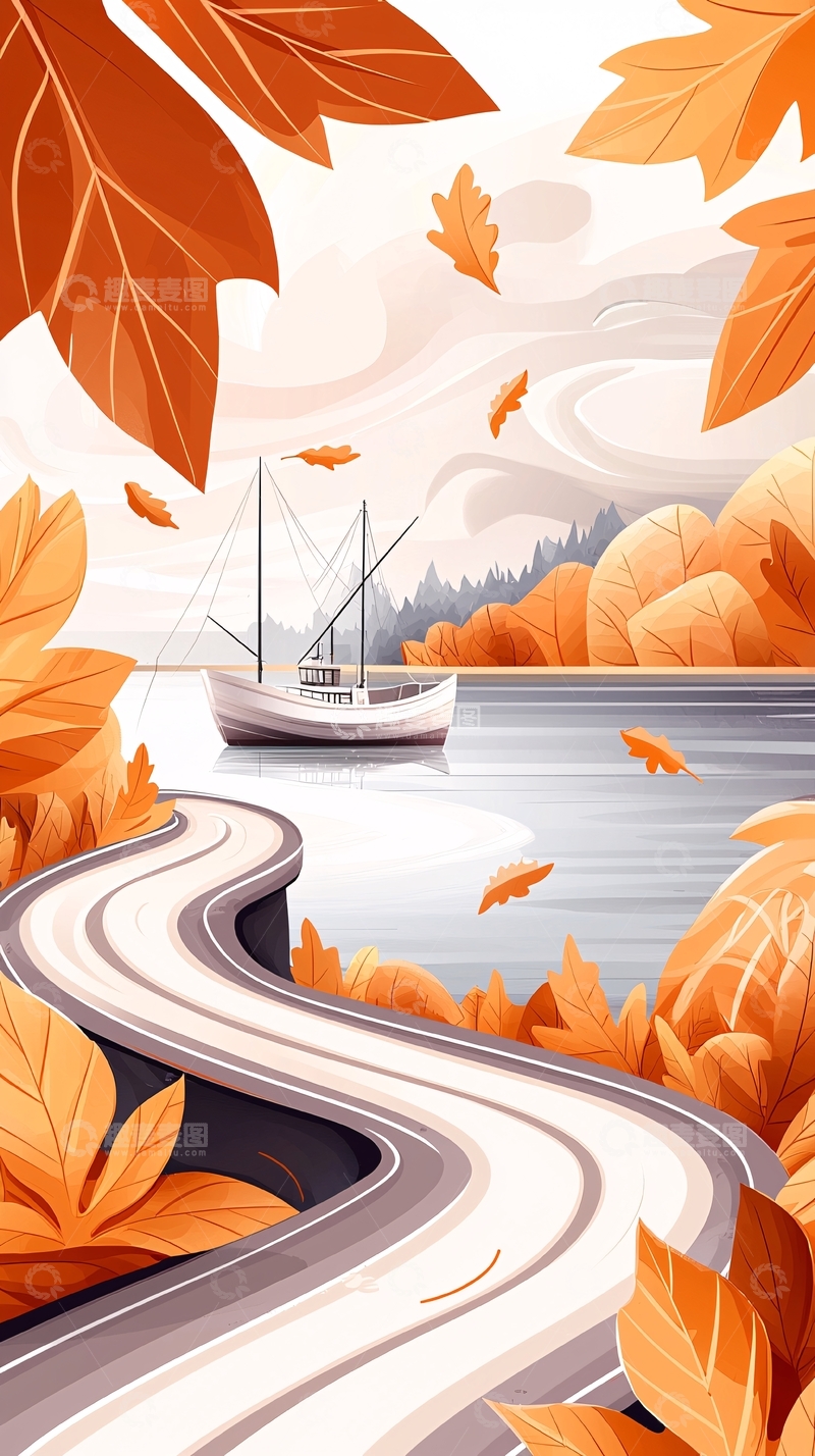 高清大图下载【趣麦麦图】秋日湖畔帆船与蜿蜒小路