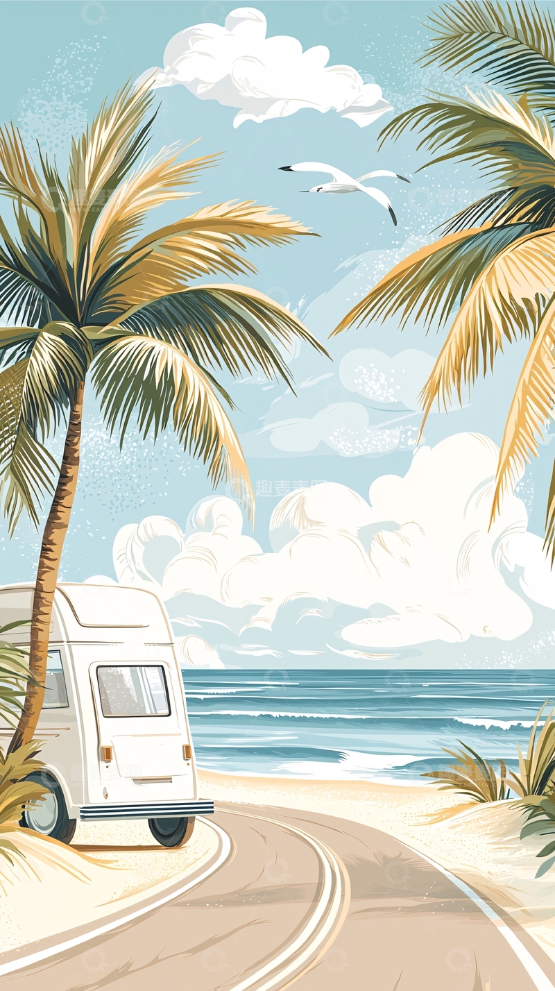 高清大图下载【趣麦麦图】海边露营车旅途中