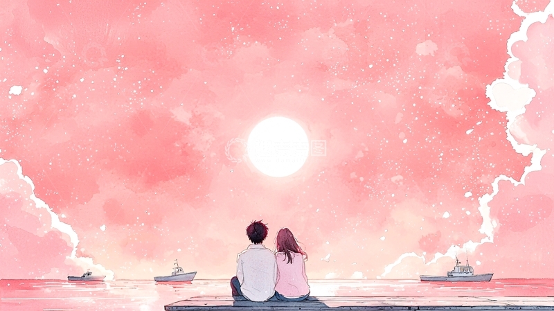 高清大图下载【趣麦麦图】情侣海边赏日落