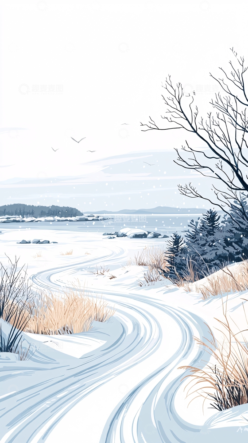 高清大图下载【趣麦麦图】冬日雪景海边小径