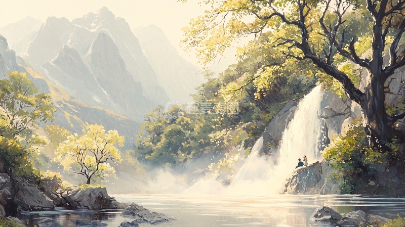 高清大图下载【趣麦麦图】山水瀑布情侣写意风景