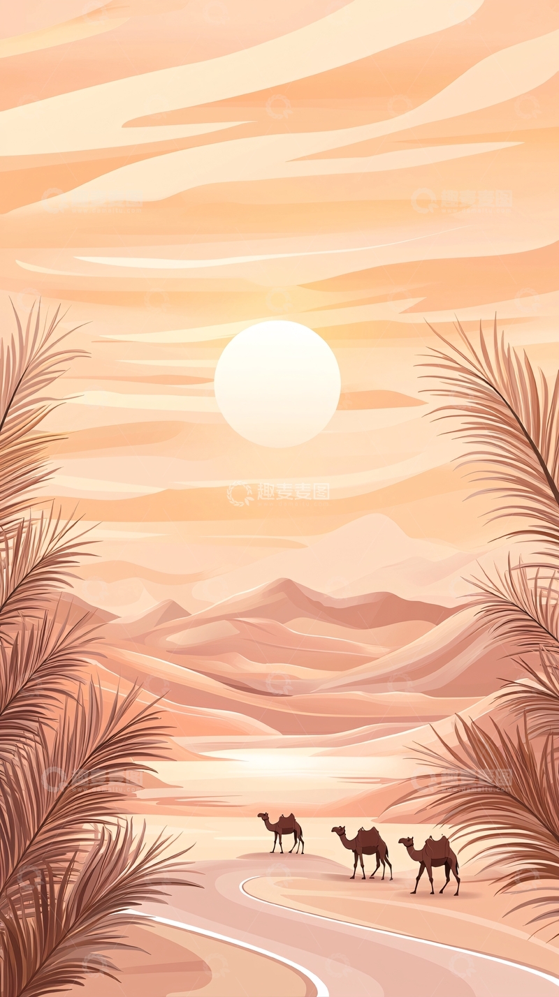 高清大图下载【趣麦麦图】沙漠日落驼群风景图