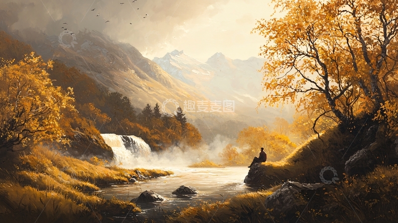 高清大图下载【趣麦麦图】秋日山间瀑布静思图