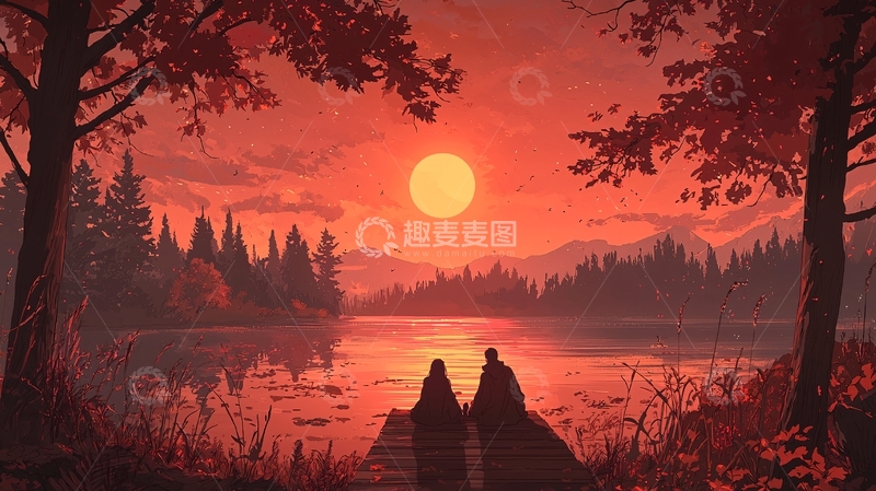 高清大图下载【趣麦麦图】秋日湖畔情侣剪影