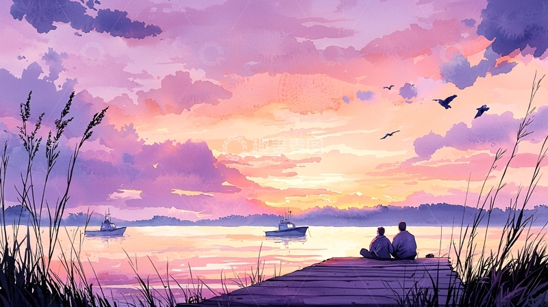 高清大图下载【趣麦麦图】湖边垂钓夕阳美景