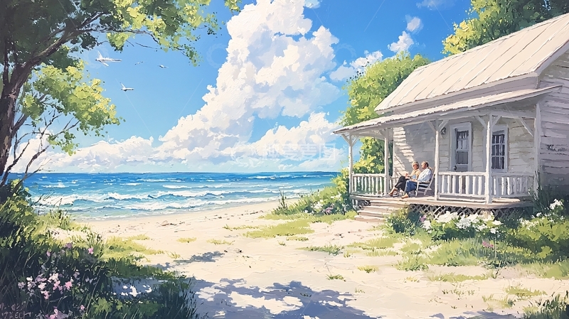 高清大图下载【趣麦麦图】海边小屋与蓝天白云