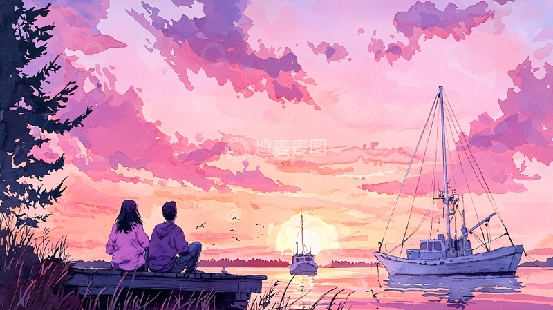 高清大图下载【趣麦麦图】情侣日落码头船只