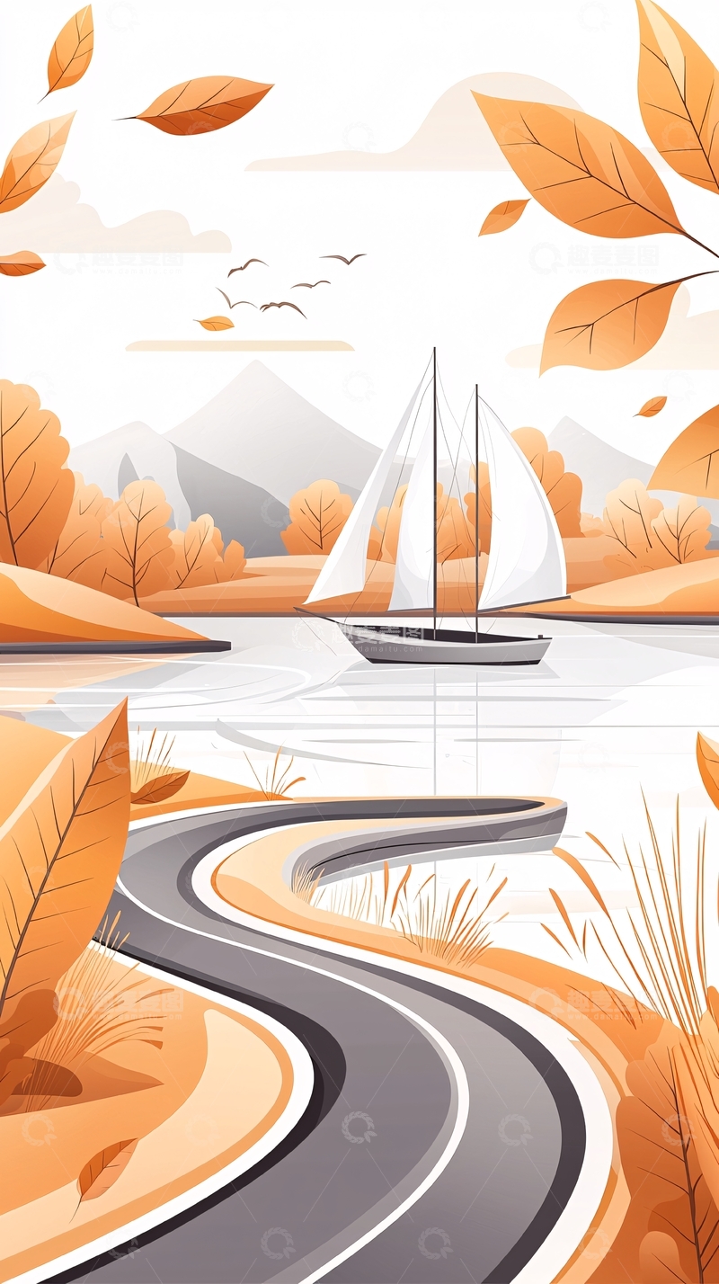 高清大图下载【趣麦麦图】秋日湖畔帆船风景图