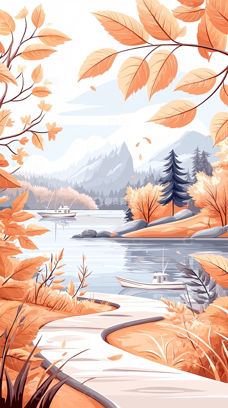 高清大图下载【趣麦麦图】秋日湖畔帆船风景图