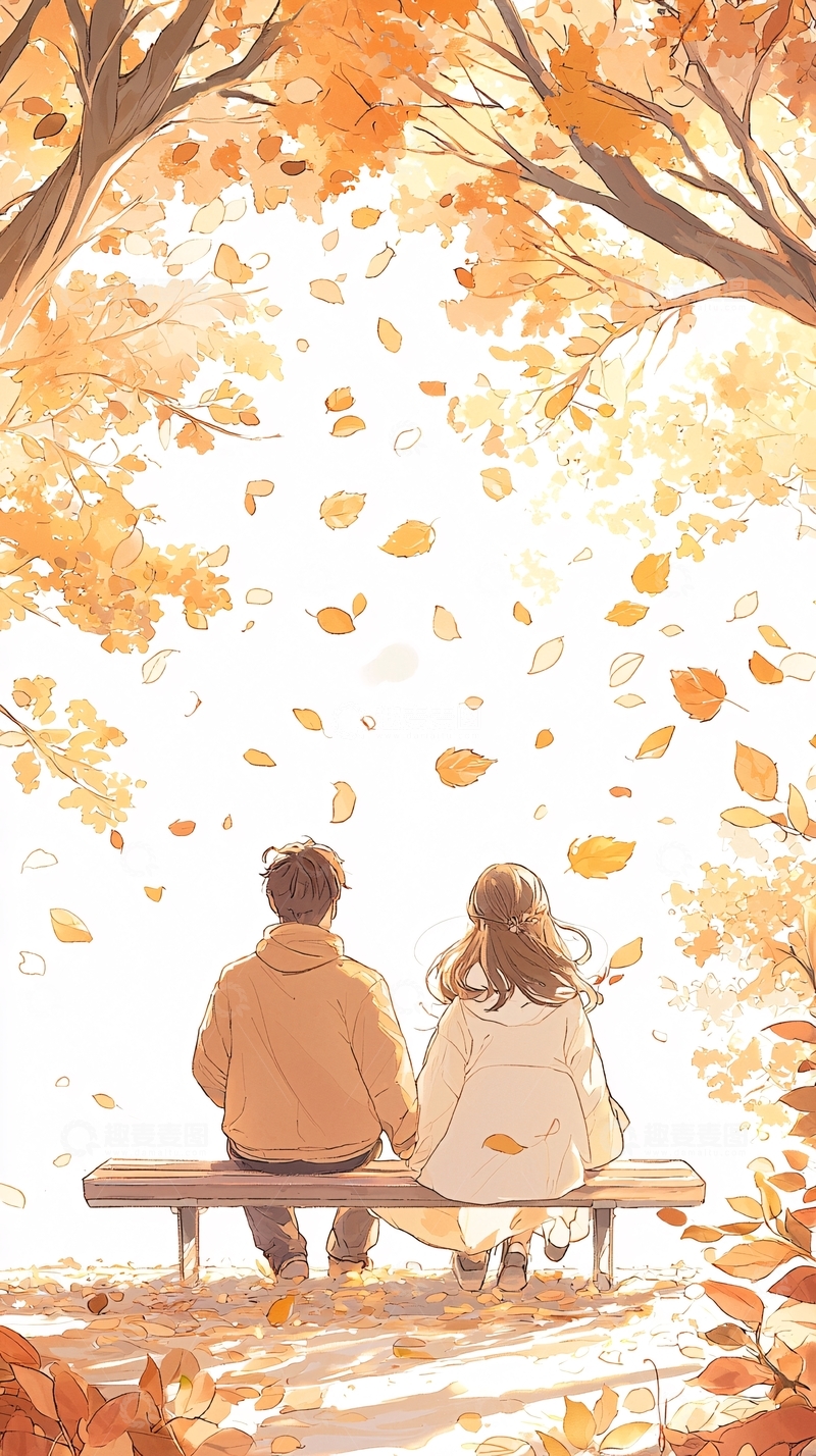 高清大图下载【趣麦麦图】秋日落叶下的情侣