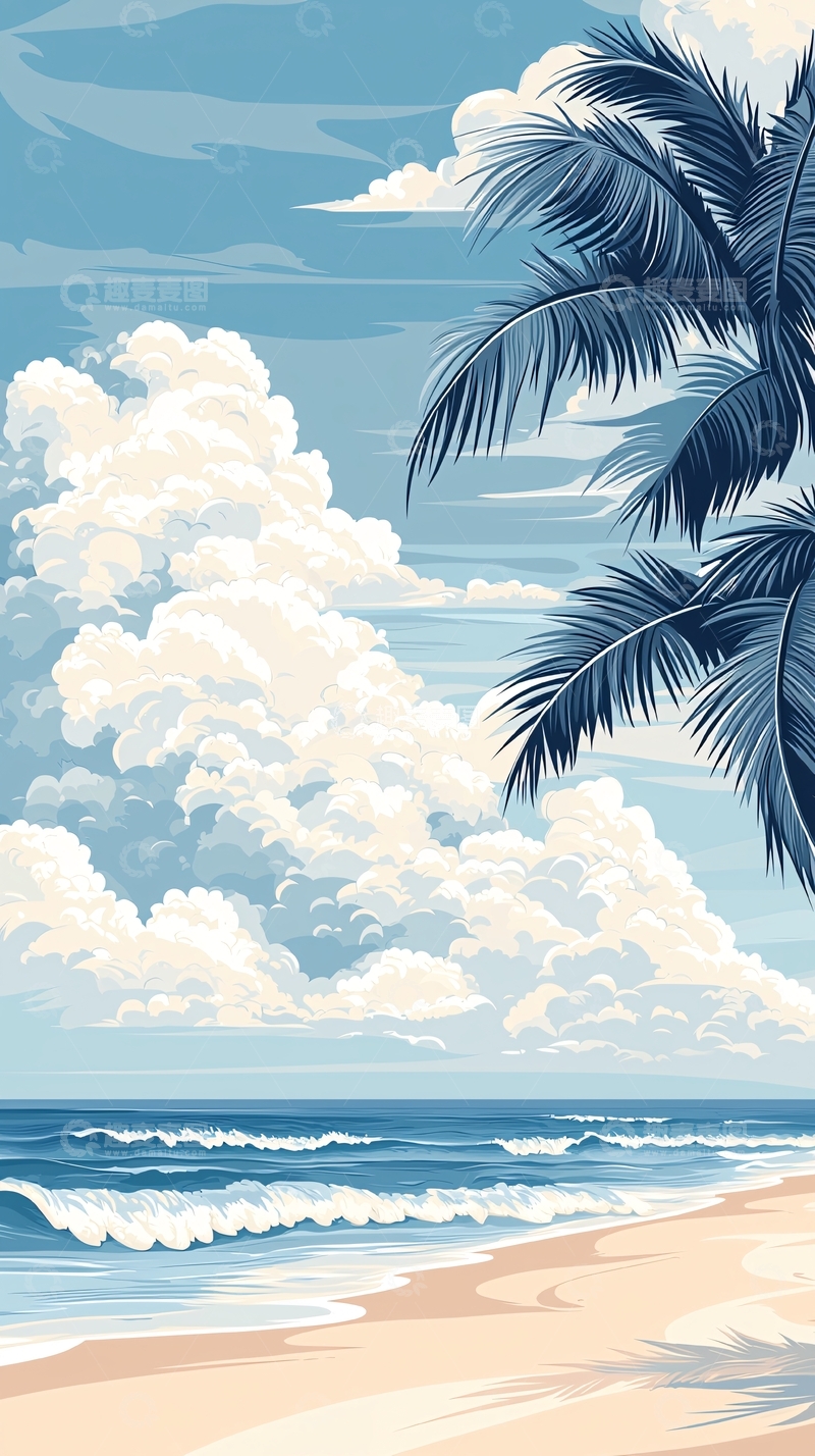 高清大图下载【趣麦麦图】热带海滩椰树蓝天白云