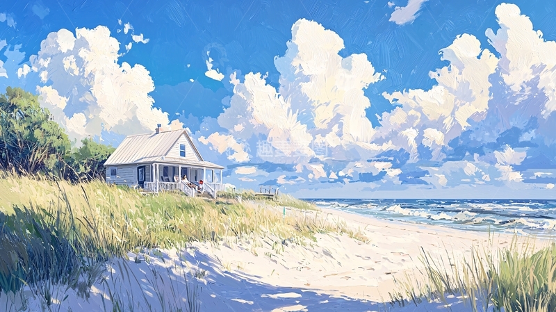 高清大图下载【趣麦麦图】海边小屋与沙滩风景