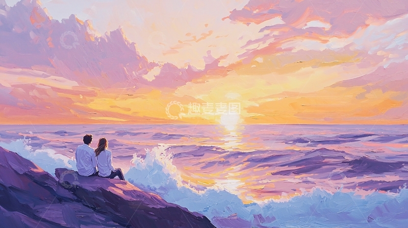 高清大图下载【趣麦麦图】情侣海边日落