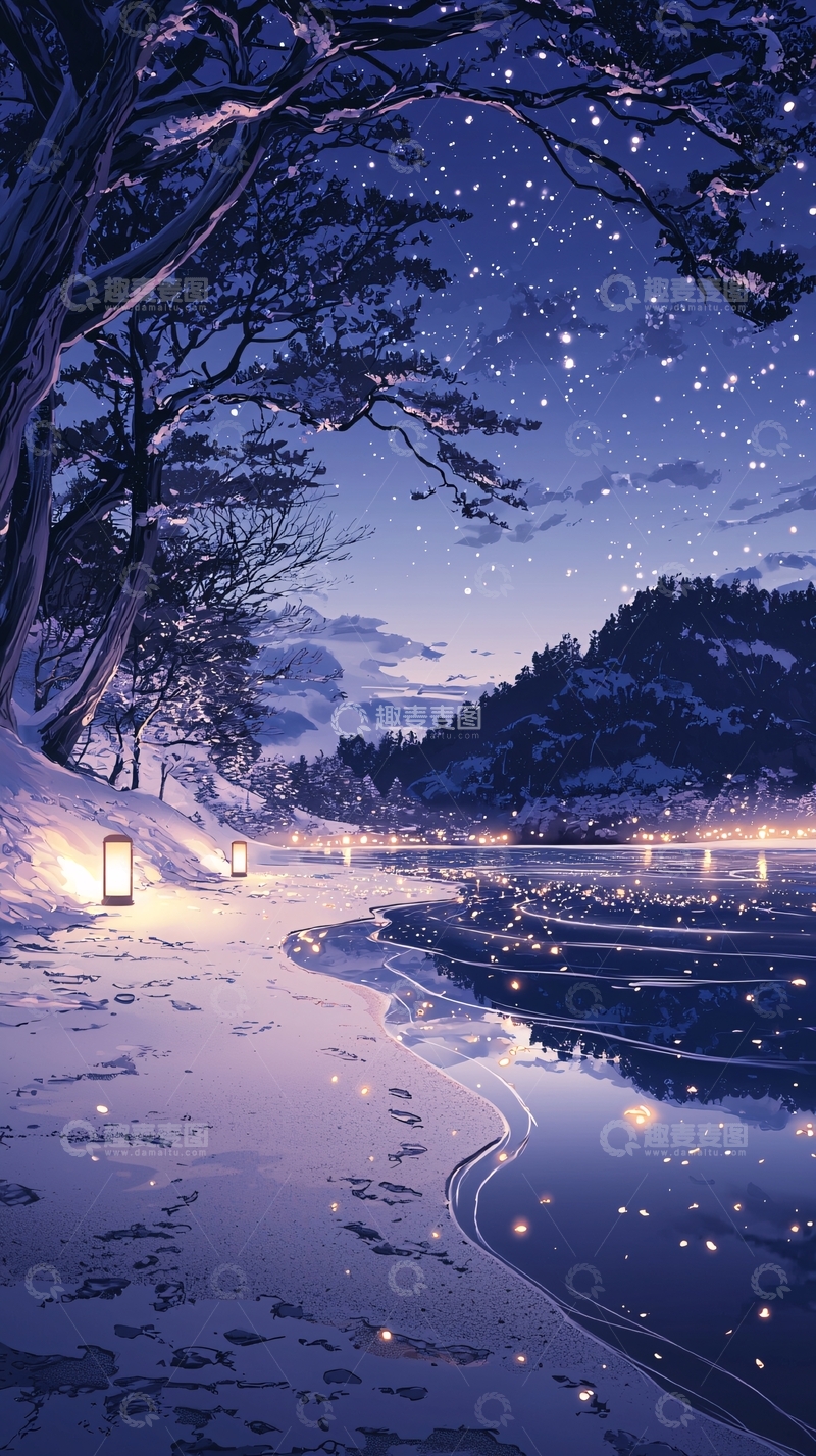 高清大图下载【趣麦麦图】冬夜湖畔灯火璀璨