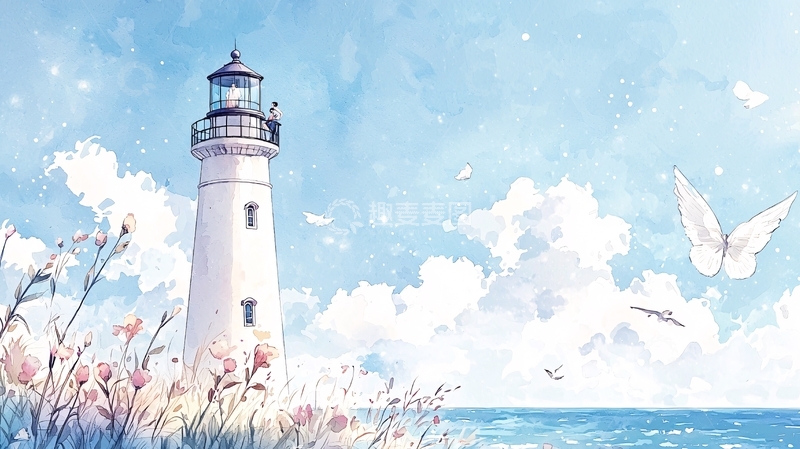 高清大图下载【趣麦麦图】海边灯塔与蝴蝶的梦幻场景