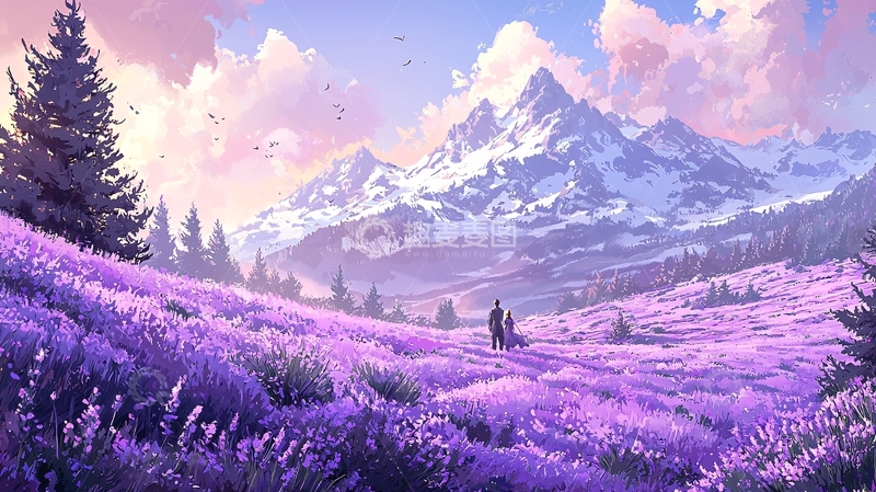 高清大图下载【趣麦麦图】薰衣草田野中的雪山徒步