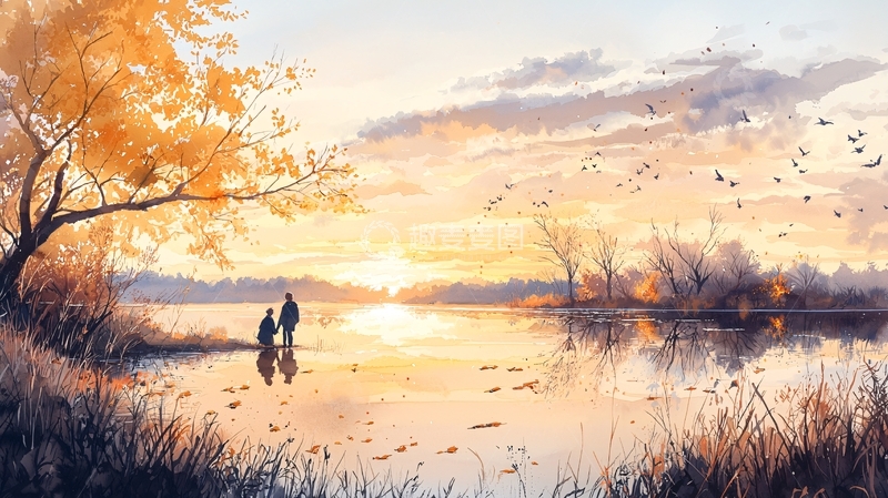 高清大图下载【趣麦麦图】秋日湖畔牵手漫步