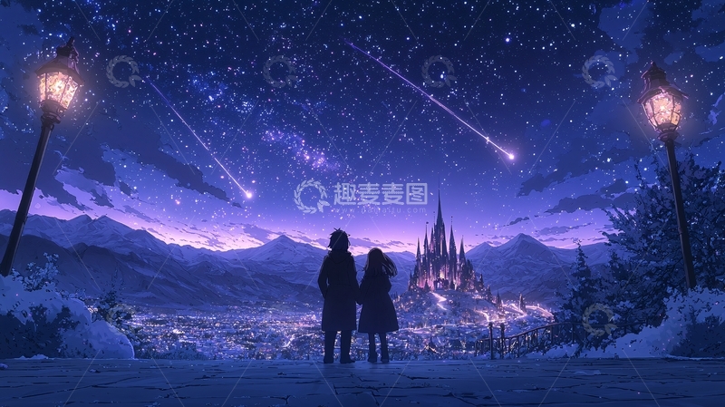 高清大图下载【趣麦麦图】梦幻夜景下的城堡与恋人