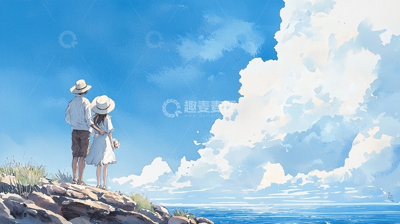 高清大图下载【趣麦麦图】海边情侣手牵手看海