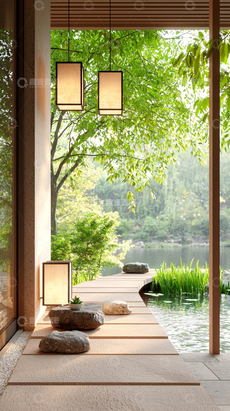 高清大图下载【趣麦麦图】禅意庭院水边石凳