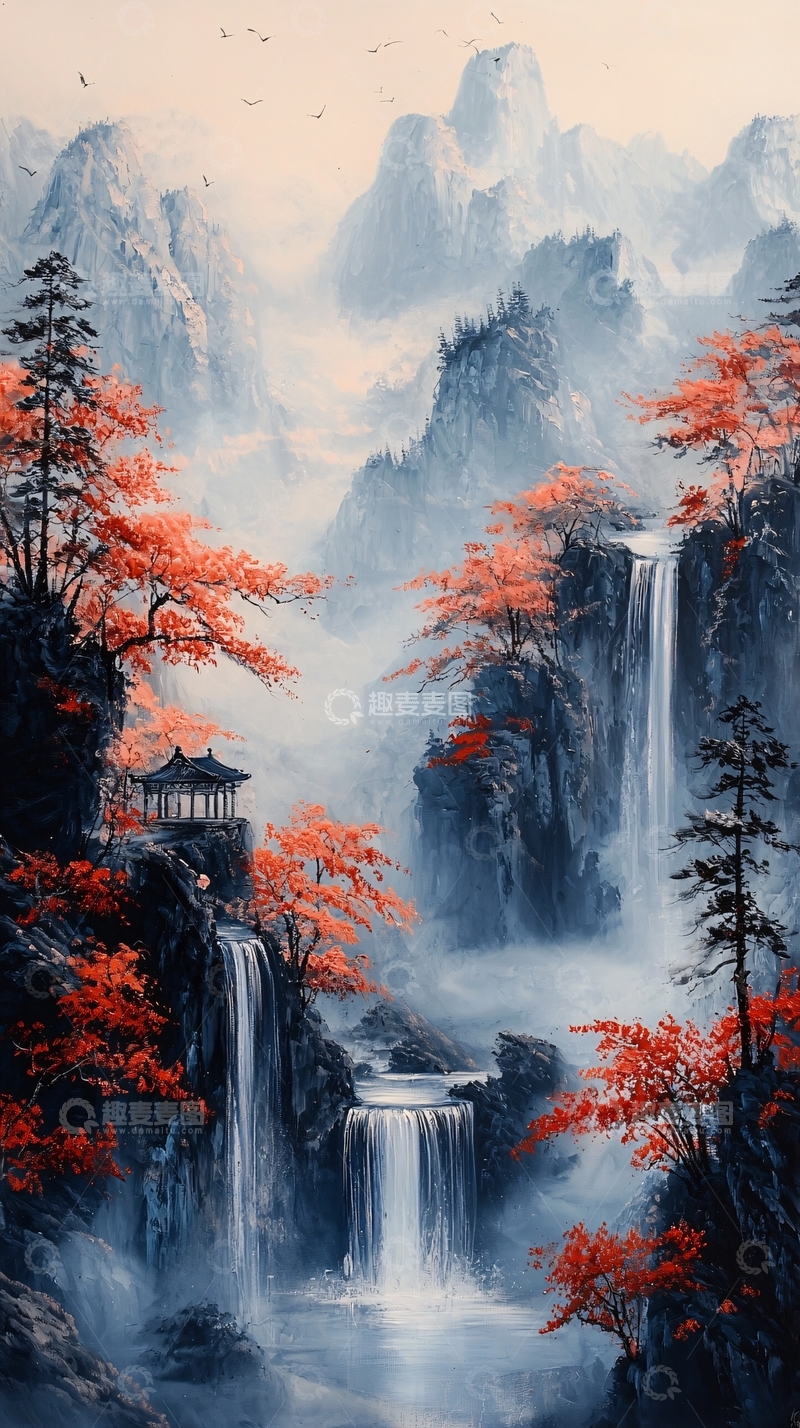高清大图下载【趣麦麦图】秋日山水瀑布图