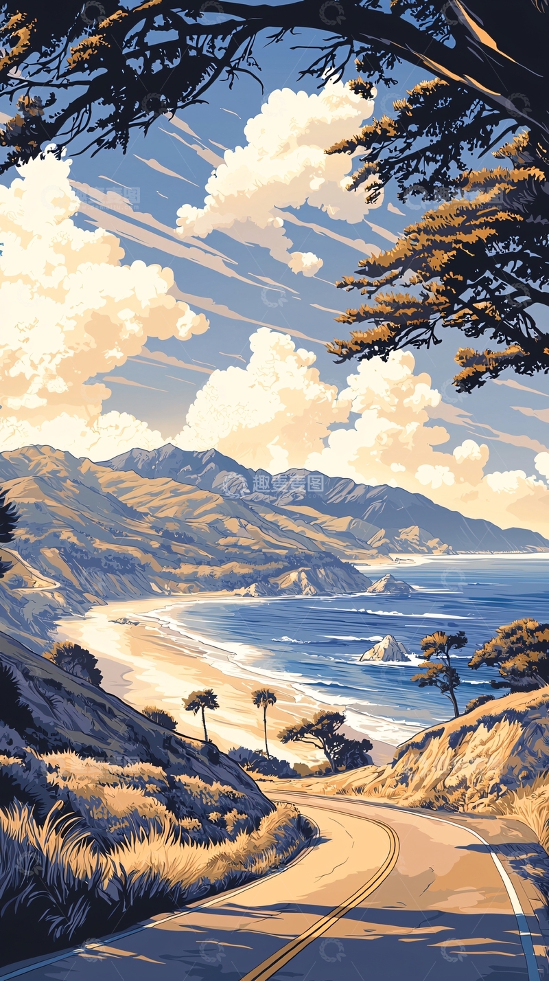 高清大图下载【趣麦麦图】海边公路风景插画