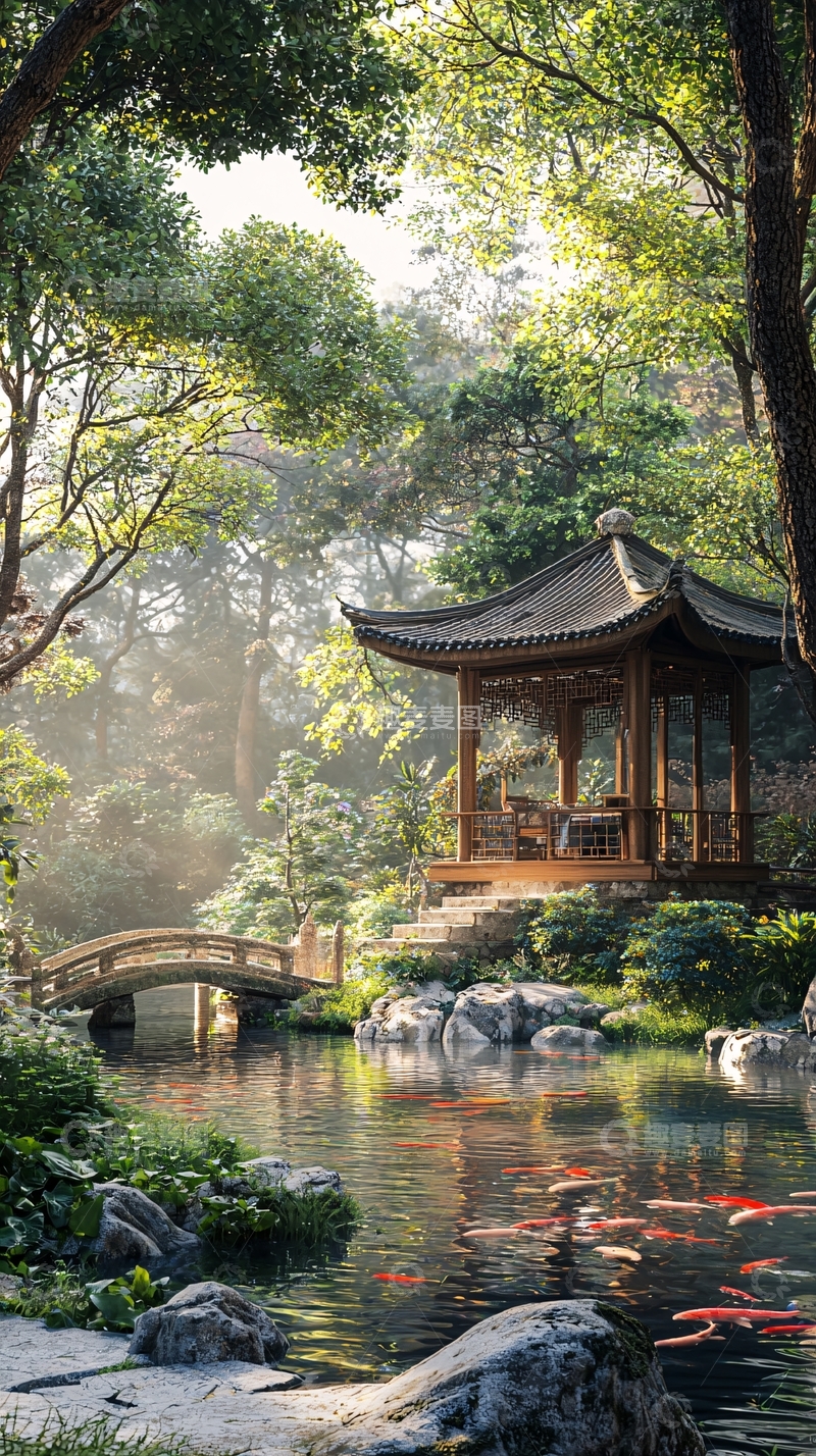 高清大图下载【趣麦麦图】古风园林中的亭子与小桥
