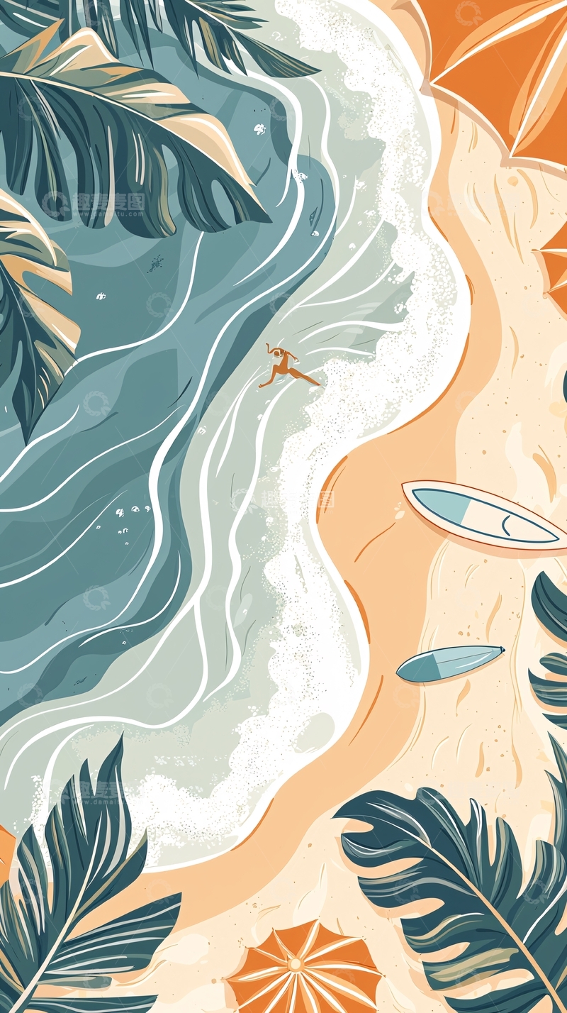 高清大图下载【趣麦麦图】热带海滩冲浪场景插画