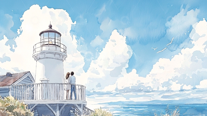 高清大图下载【趣麦麦图】海边灯塔情侣浪漫场景
