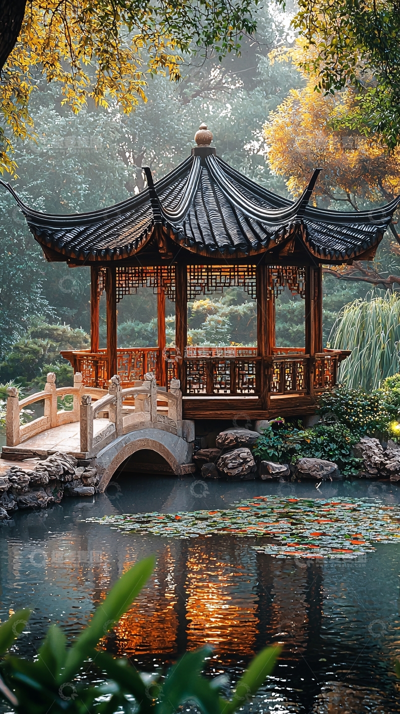 高清大图下载【趣麦麦图】古典园林中的亭子与小桥