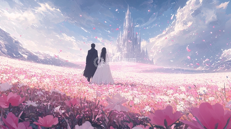 高清大图下载【趣麦麦图】梦幻城堡下的花海情侣