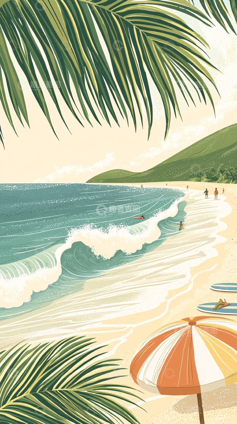 高清大图下载【趣麦麦图】热带海滩度假场景插画