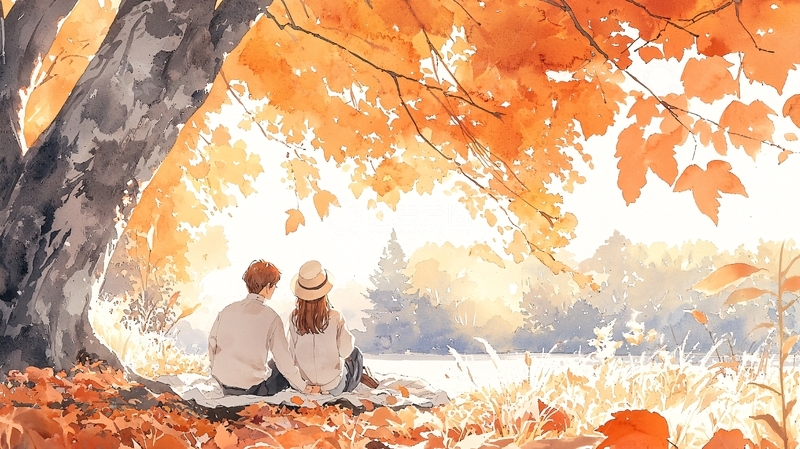 高清大图下载【趣麦麦图】秋日树下情侣写意画