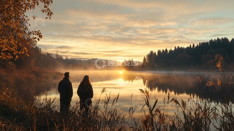 高清大图下载【趣麦麦图】秋日湖畔晨雾中漫步