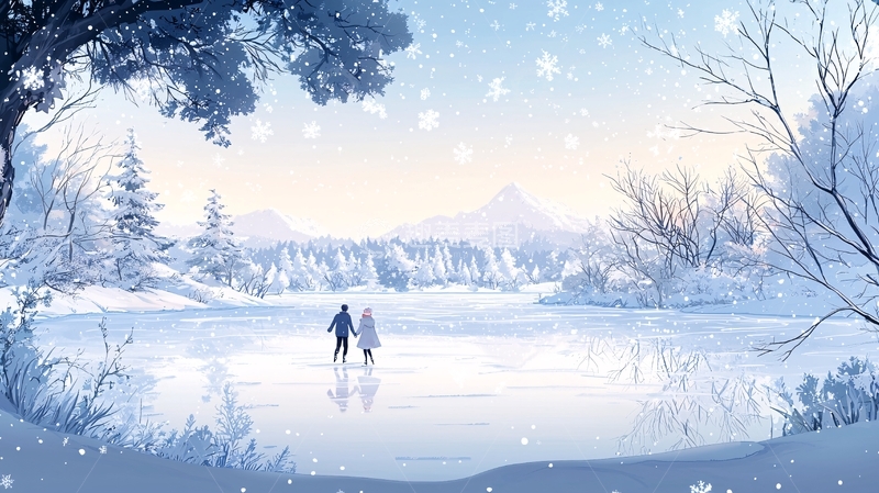 高清大图下载【趣麦麦图】冬日雪景情侣漫步