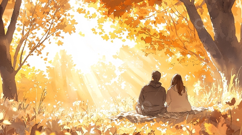 高清大图下载【趣麦麦图】秋日森林中的情侣