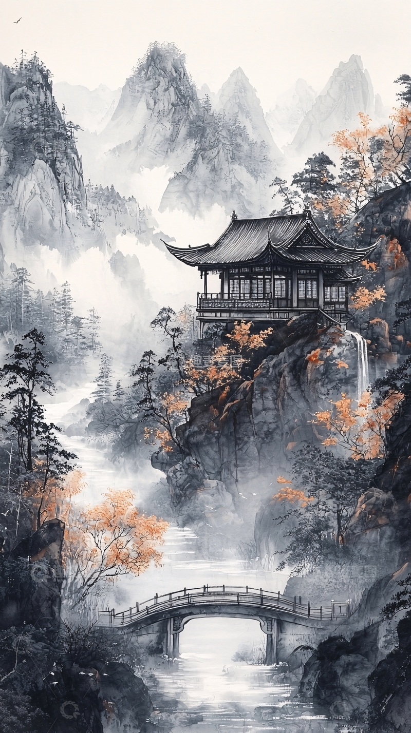 高清大图下载【趣麦麦图】秋日山水亭阁图