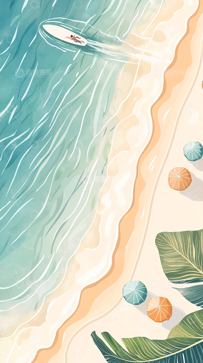 高清大图下载【趣麦麦图】海滩上的冲浪者与热带植物