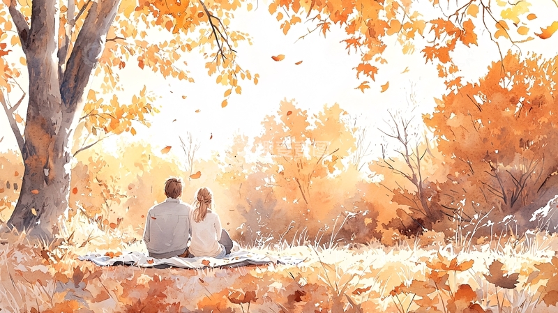 高清大图下载【趣麦麦图】秋日树下情侣相依