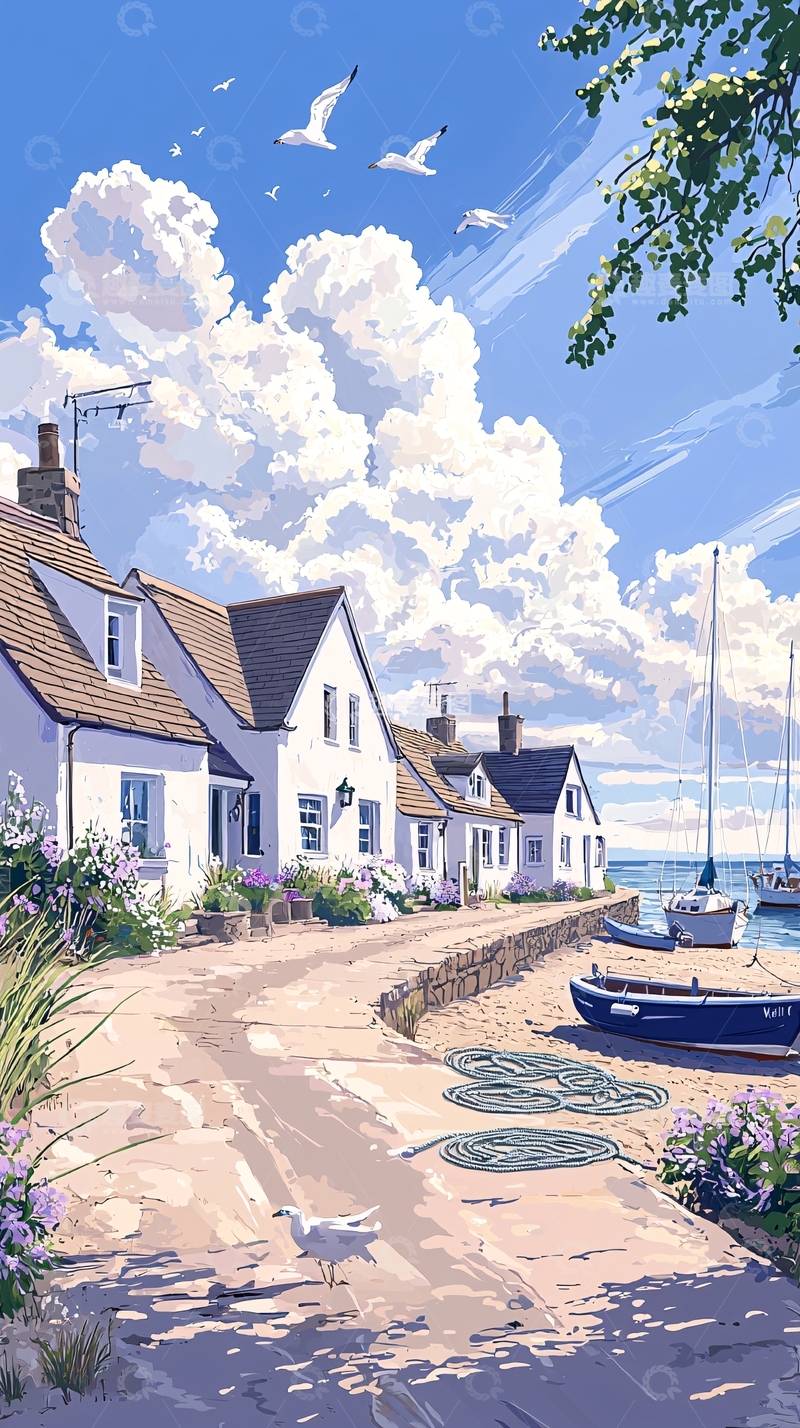 高清大图下载【趣麦麦图】海边小屋与帆船的宁静画卷