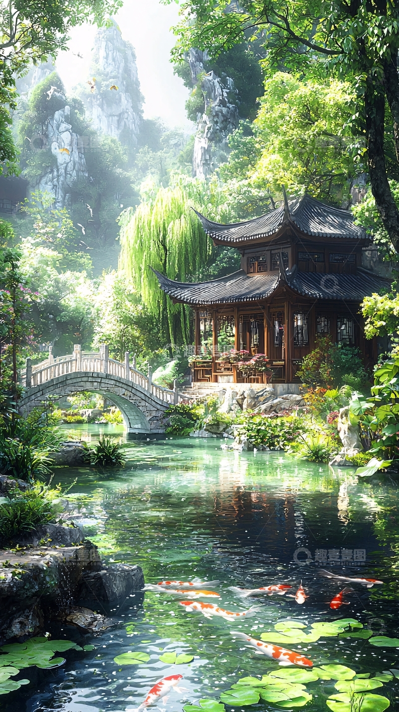 高清大图下载【趣麦麦图】山水园林中的古亭与锦鲤