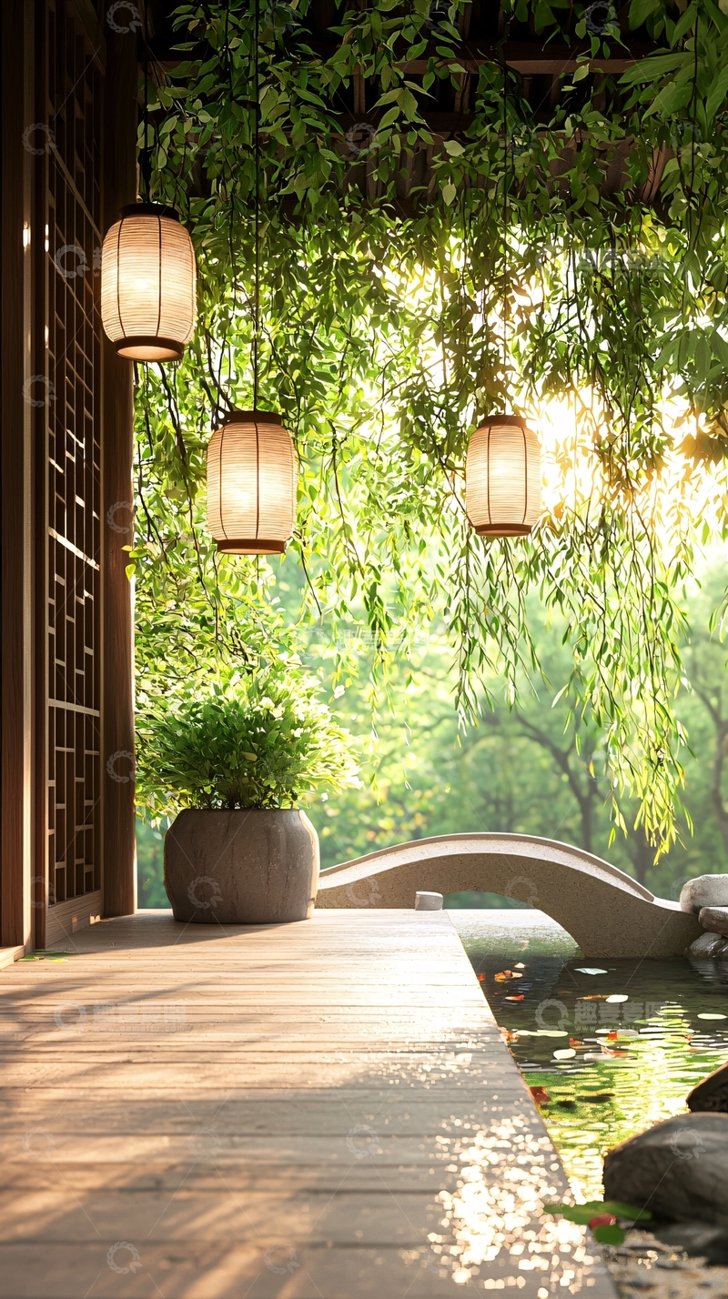 高清大图下载【趣麦麦图】日式庭院灯笼垂柳光影