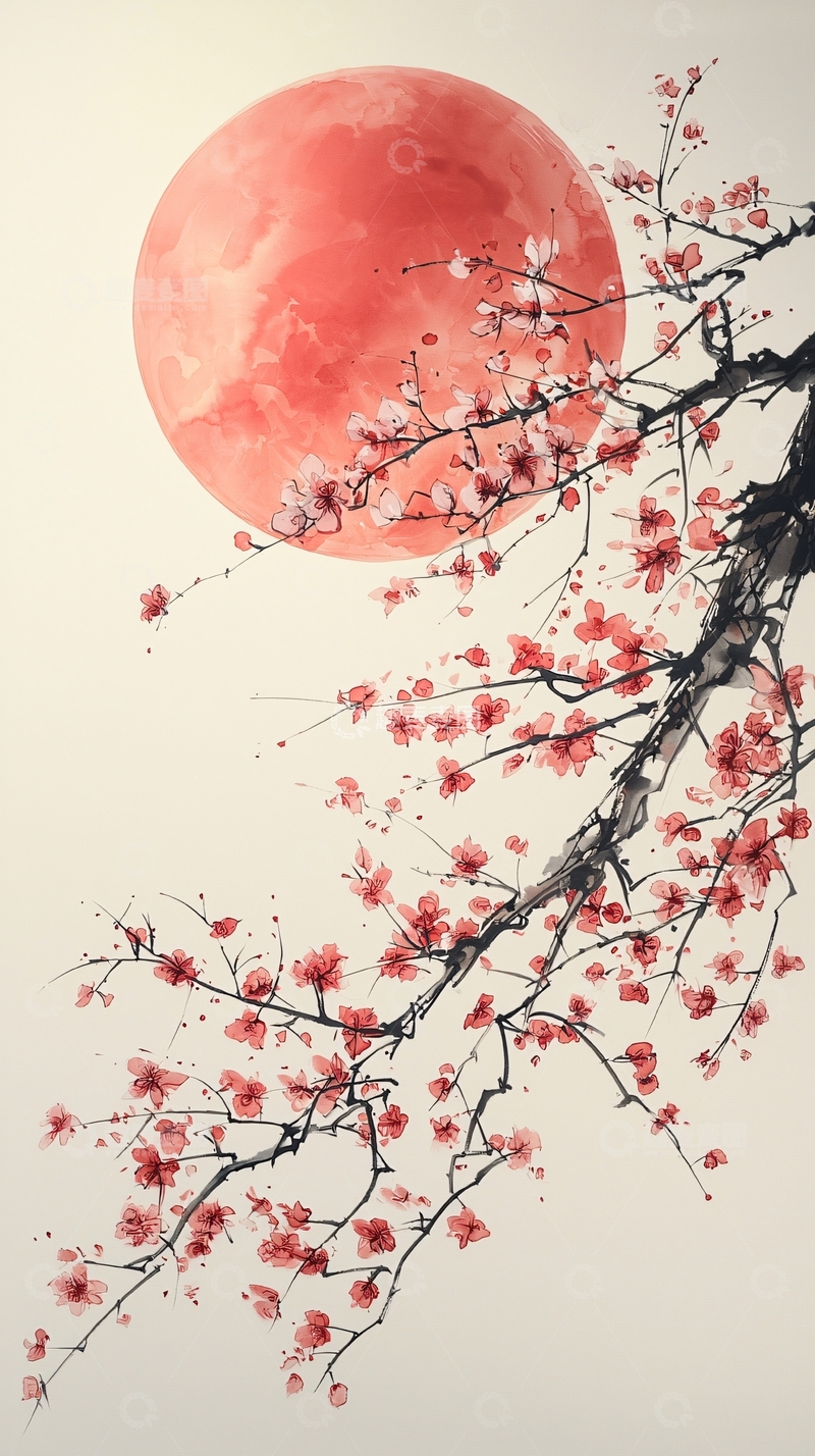 高清大图下载【趣麦麦图】樱花盛开下的满月