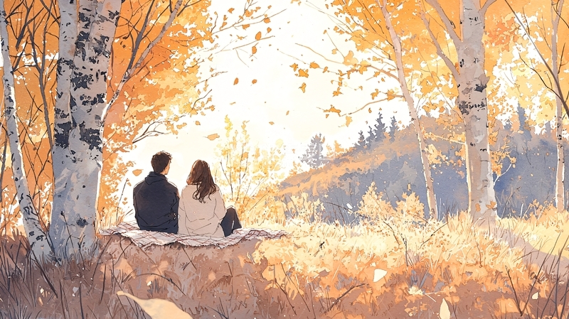 高清大图下载【趣麦麦图】秋日森林中的情侣