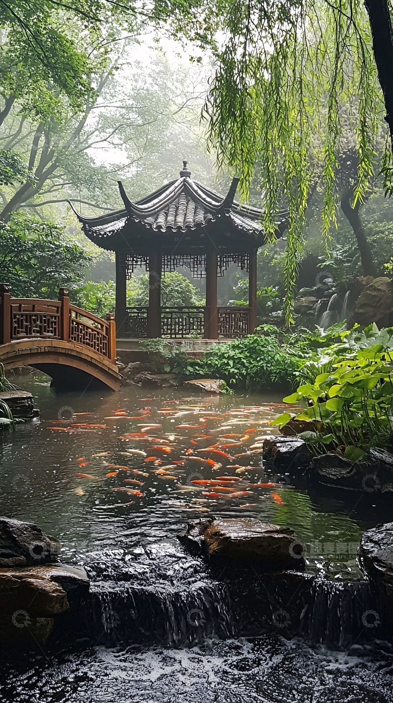 高清大图下载【趣麦麦图】江南园林垂柳小桥流水