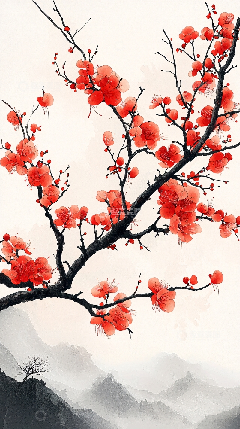 高清大图下载【趣麦麦图】红梅绽放山水间