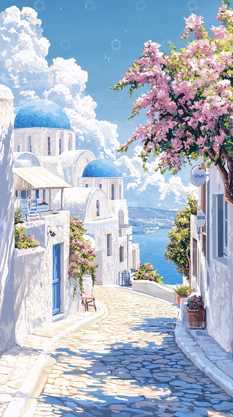 高清大图下载【趣麦麦图】希腊风情小镇石路风景