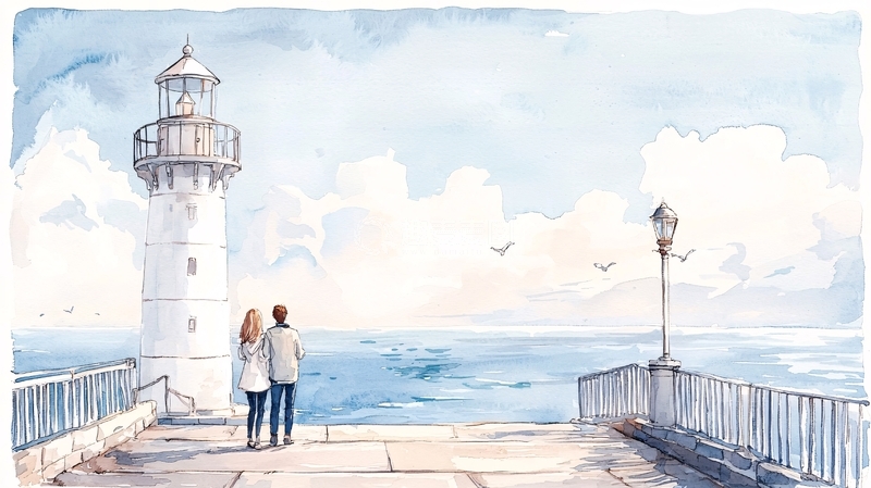 高清大图下载【趣麦麦图】海边灯塔情侣散步