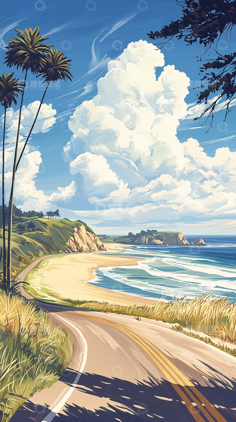 高清大图下载【趣麦麦图】海边公路风景画