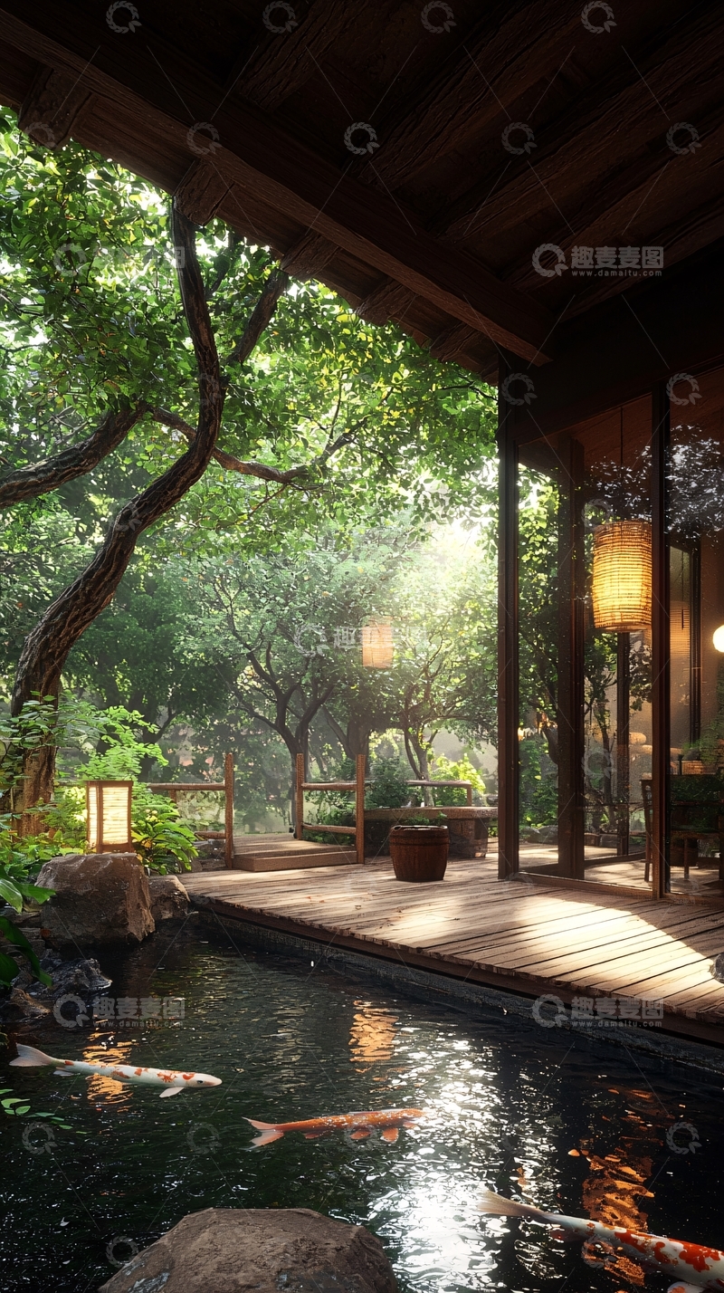 高清大图下载【趣麦麦图】日式庭院木屋与锦鲤池塘